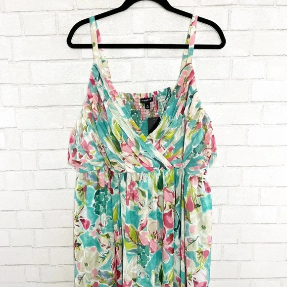 Torrid Colorful Floral Tea Length Chiffon Pleated Sharkbite Dress Women's 2X NEW - Picture 4 of 9